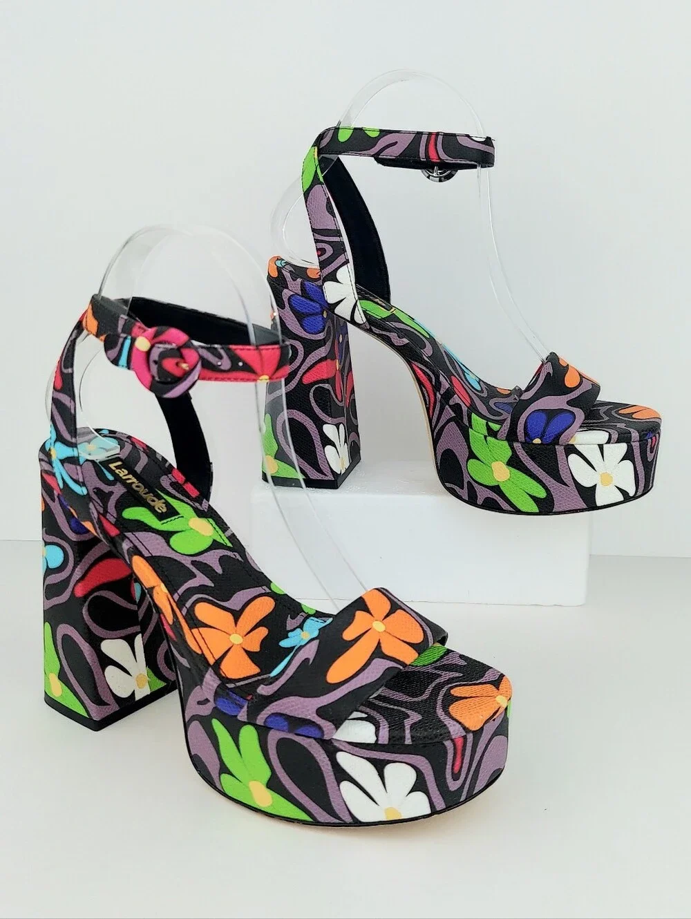 Larroude Dolly Flower Power Black Ankle Strap Sandal 7